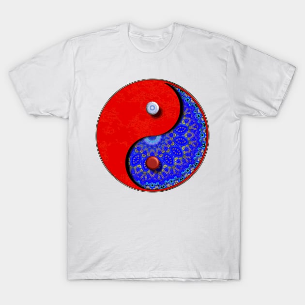 Blue And Gold And RedYing Yang Symbol T-Shirt by crunchysqueak